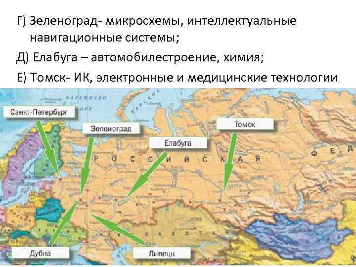 Г) Зеленоград- микросхемы, интеллектуальные навигационные системы; Д) Елабуга – автомобилестроение, химия; Е) Томск- ИК,