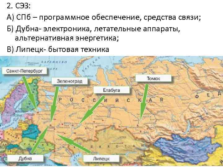 2. СЭЗ: А) СПб – программное обеспечение, средства связи; Б) Дубна- электроника, летательные аппараты,