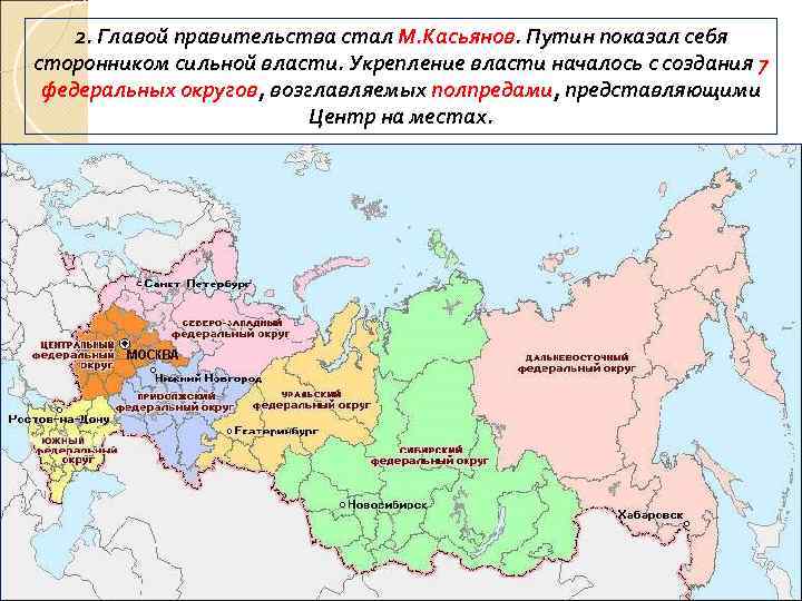 2. Главой правительства стал М. Касьянов. Путин показал себя сторонником сильной власти. Укрепление власти