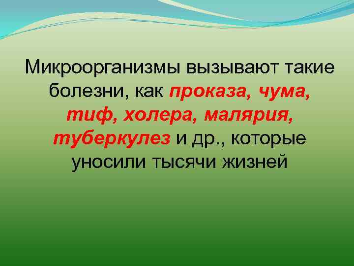 Микроорганизмы вызывают такие болезни, как проказа, чума, тиф, холера, малярия, туберкулез и др. ,