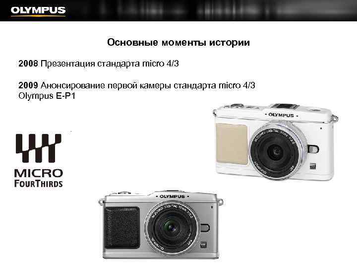 Основные моменты истории 2008 Презентация стандарта micro 4/3 2009 Анонсирование первой камеры стандарта micro