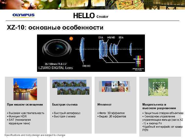 Creator XZ-10: основные особенности При низком освещении Быстрая съемка Ителлект Макросъемка в высоком разрешении