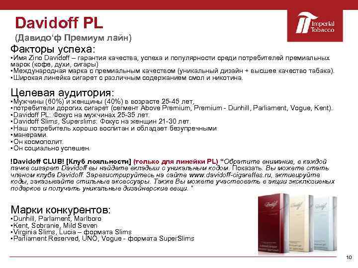 Davidoff PL (Давидо‘ф Премиум лайн) Факторы успеха: §Имя Zino Davidoff – гарантия качества, успеха