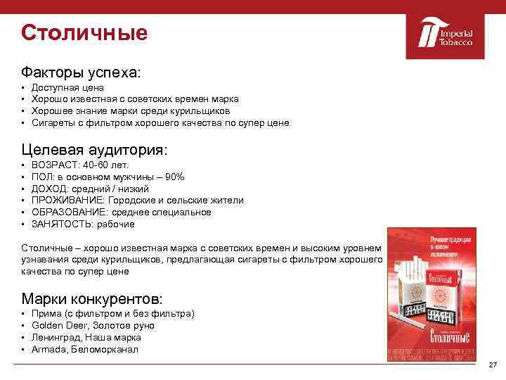 Столичные Факторы успеха: § § Доступная цена Хорошо известная с советских времен марка Хорошее