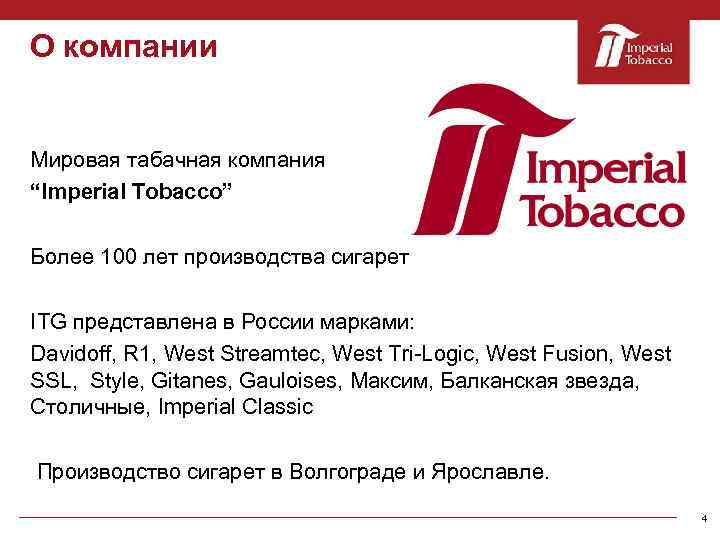О компании Мировая табачная компания “Imperial Tobacco” Более 100 лет производства сигарет ITG представлена