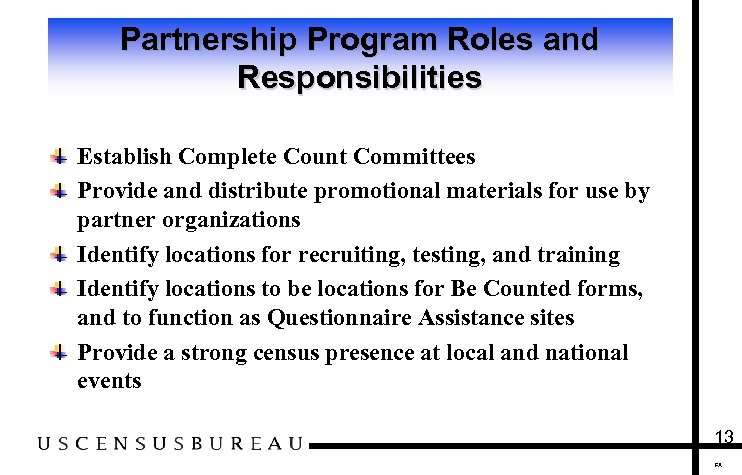 Partnership Program Roles and Responsibilities Establish Complete Count Committees Provide and distribute promotional materials