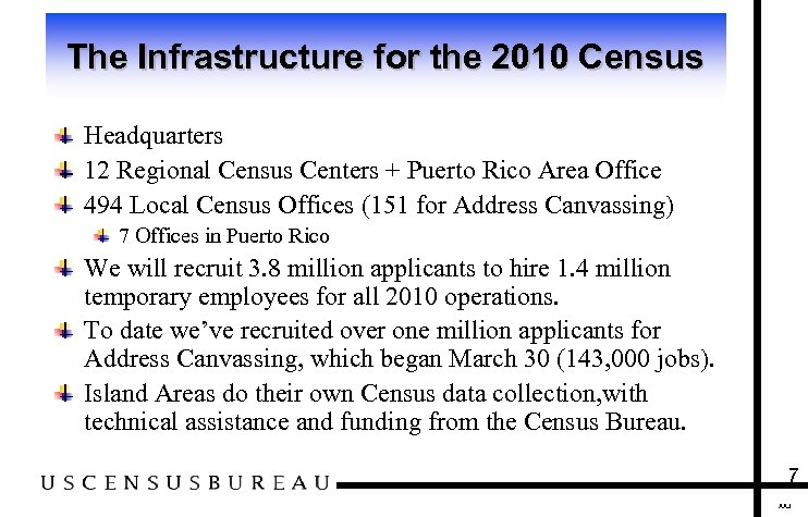 The Infrastructure for the 2010 Census Headquarters 12 Regional Census Centers + Puerto Rico