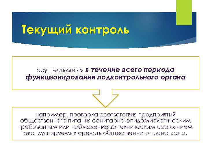 Текущий контроль осуществляется в течение всего периода функционирования подконтрольного органа например, проверка соответствия предприятий