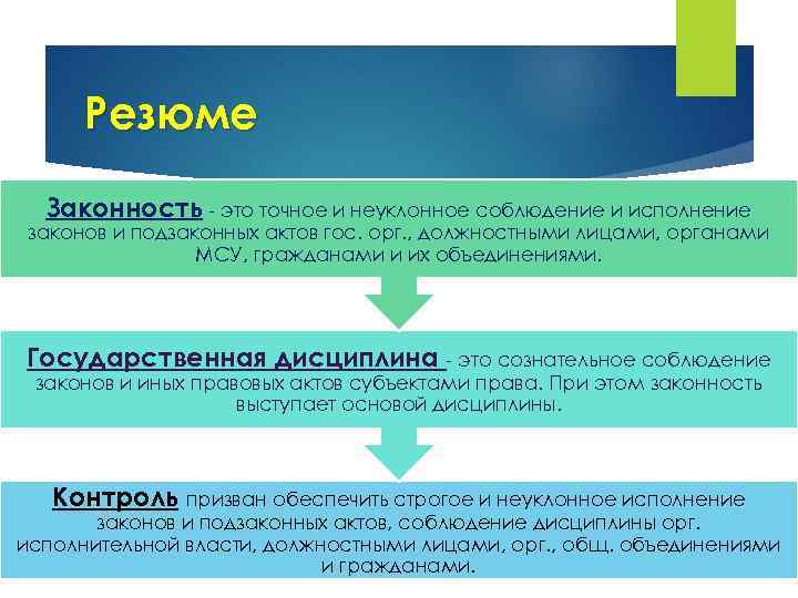 Резюме Законность - это точное и неуклонное соблюдение и исполнение законов и подзаконных актов