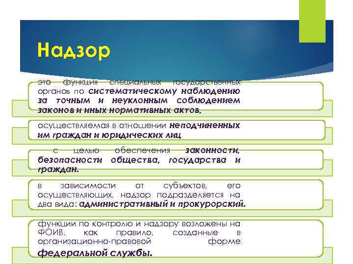 Надзор это функция специальных государственных органов по систематическому наблюдению за точным и неуклонным соблюдением