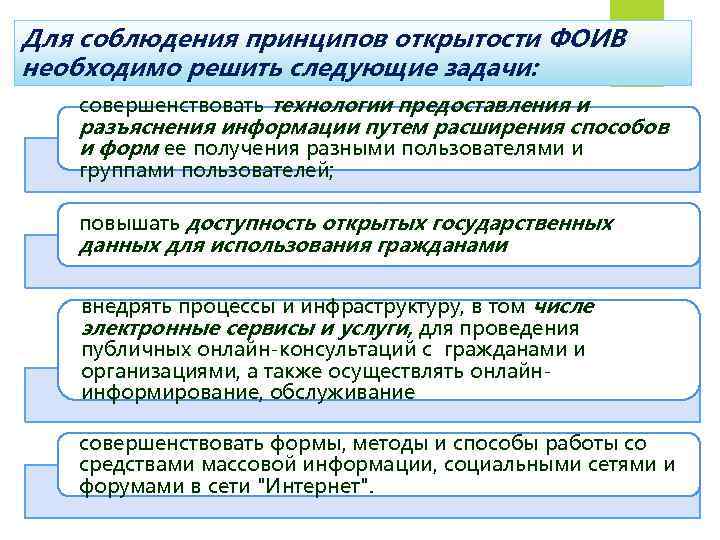 Для соблюдения принципов открытости ФОИВ необходимо решить следующие задачи: совершенствовать технологии предоставления и разъяснения