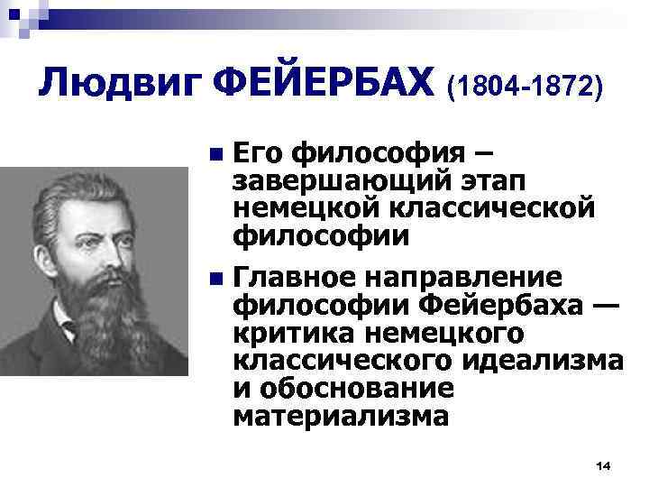 Людвиг ФЕЙЕРБАХ (1804 -1872) Его философия – завершающий этап немецкой классической философии n Главное