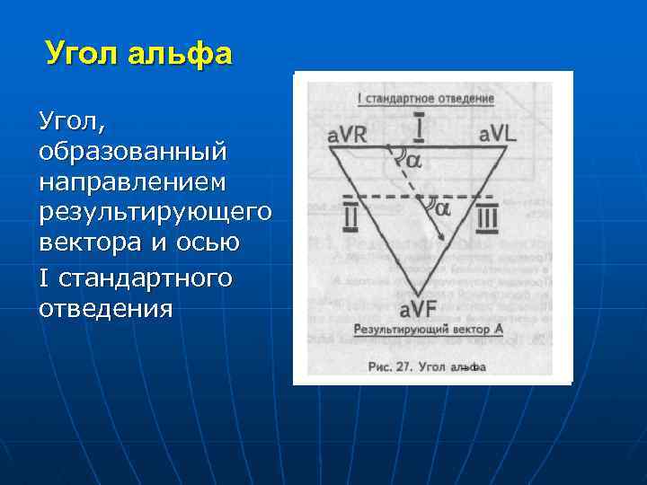 Угол альфа Угол, образованный направлением результирующего вектора и осью I стандартного отведения 