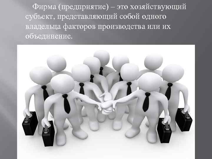Фирма (предприятие) – это хозяйствующий субъект, представляющий собой одного владельца факторов производства или их