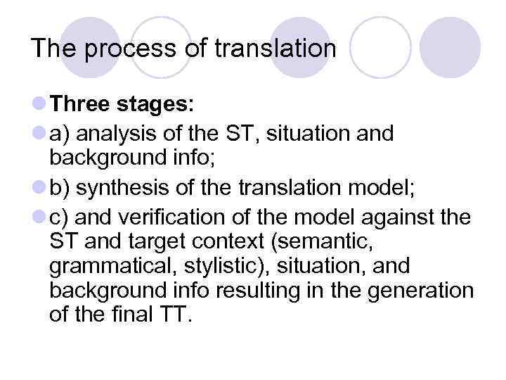 The process of translation l Three stages: l a) analysis of the ST, situation