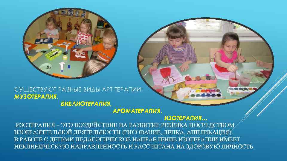 СУЩЕСТВУЮТ РАЗНЫЕ ВИДЫ АРТ ТЕРАПИИ: МУЗОТЕРАПИЯ, БИБЛИОТЕРАПИЯ, АРОМАТЕРАПИЯ, ИЗОТЕРАПИЯ… ИЗОТЕРАПИЯ – ЭТО ВОЗДЕЙСТВИЕ НА