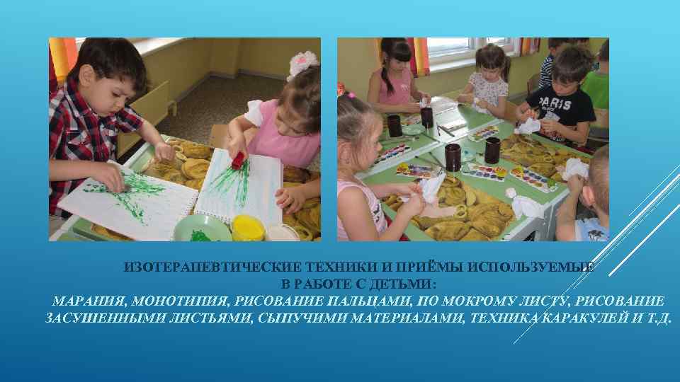 ИЗОТЕРАПЕВТИЧЕСКИЕ ТЕХНИКИ И ПРИЁМЫ ИСПОЛЬЗУЕМЫЕ В РАБОТЕ С ДЕТЬМИ: МАРАНИЯ, МОНОТИПИЯ, РИСОВАНИЕ ПАЛЬЦАМИ, ПО