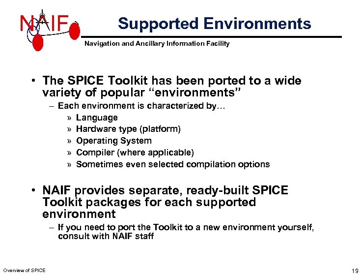 N IF Supported Environments Navigation and Ancillary Information Facility • The SPICE Toolkit has