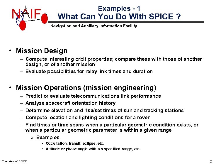 N IF Examples - 1 What Can You Do With SPICE ? Navigation and