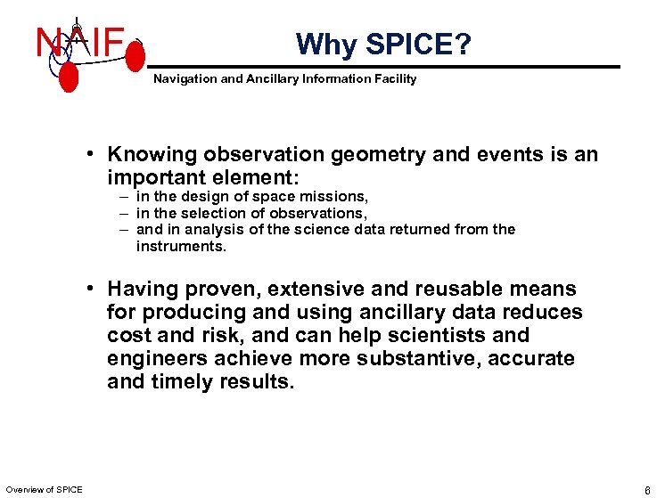 N IF Why SPICE? Navigation and Ancillary Information Facility • Knowing observation geometry and