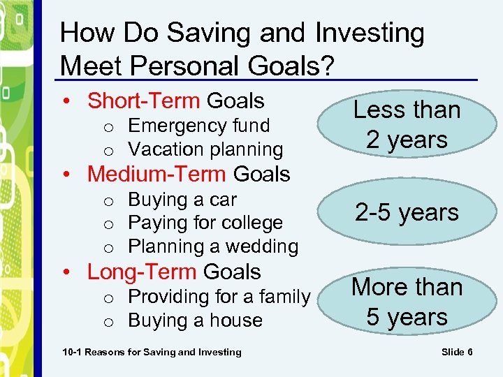 How Do Saving and Investing Meet Personal Goals? • Short-Term Goals o Emergency fund