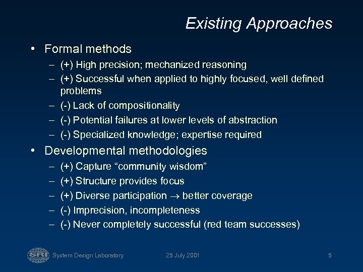 Existing Approaches • Formal methods – (+) High precision; mechanized reasoning – (+) Successful