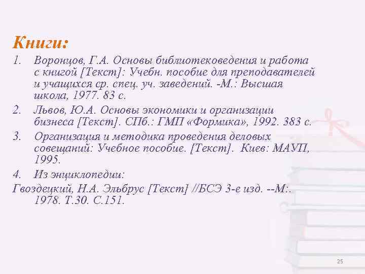 Книги: 1. Воронцов, Г. А. Основы библиотековедения и работа с книгой [Текст]: Учебн. пособие