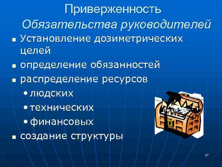 Приверженность Обязательства руководителей n n Установление дозиметрических целей определение обязанностей распределение ресурсов • людских