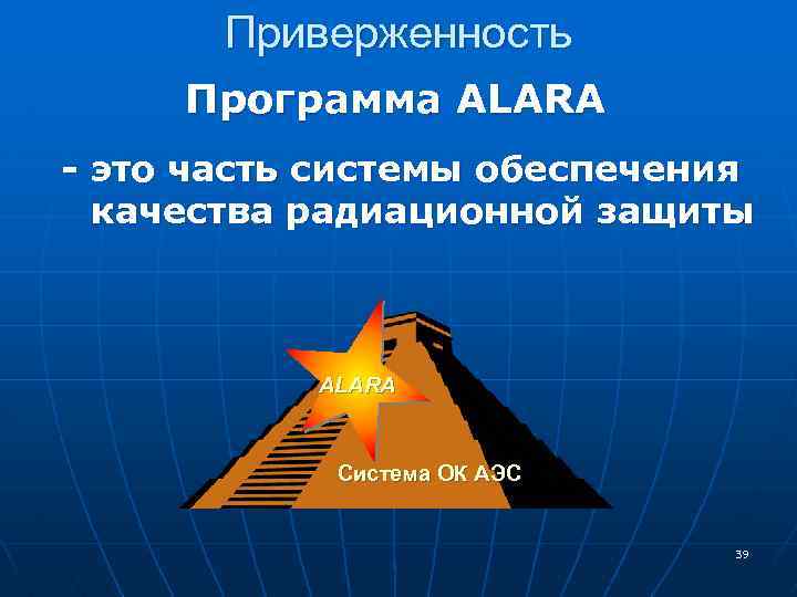 Приверженность Программа ALARA - это часть системы обеспечения качества радиационной защиты ALARA Система ОК