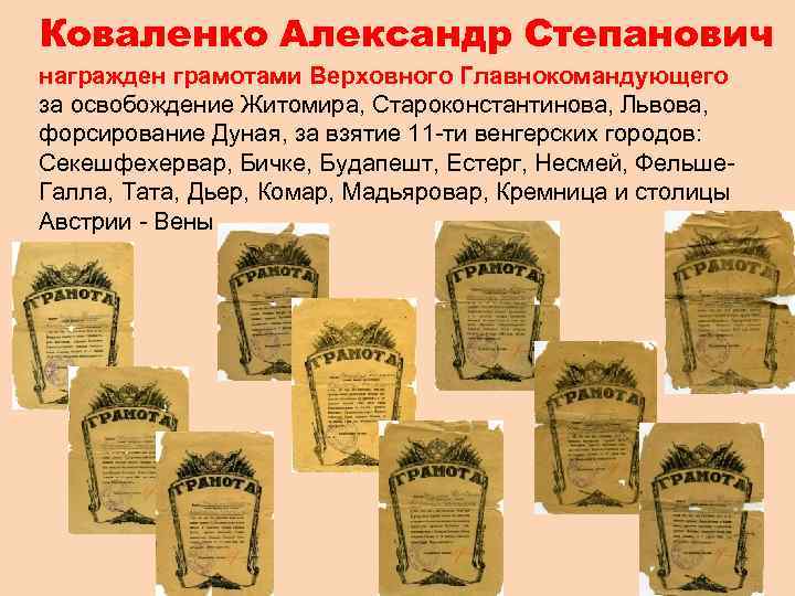 Коваленко Александр Степанович награжден грамотами Верховного Главнокомандующего за освобождение Житомира, Староконстантинова, Львова, форсирование Дуная,