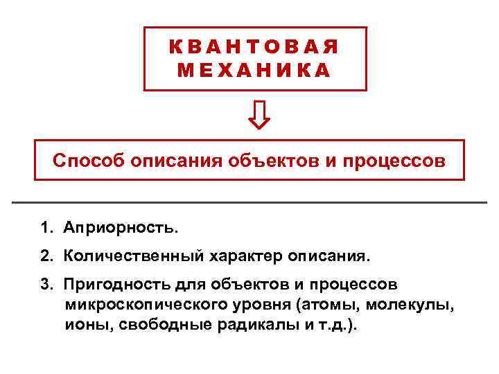 КВАНТОВАЯ МЕХАНИКА Способ описания объектов и процессов 1. Априорность. 2. Количественный характер описания. 3.
