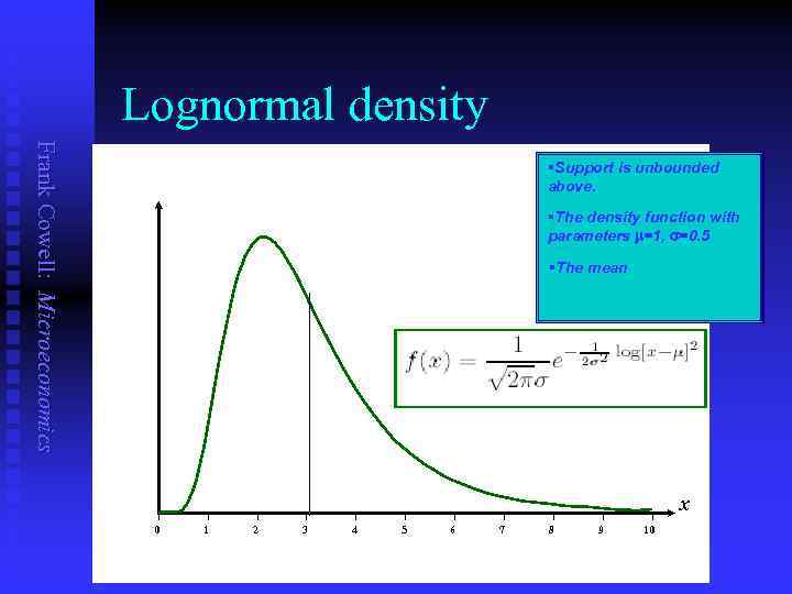 Lognormal density Frank Cowell: Microeconomics §Support is unbounded above. §The density function with parameters