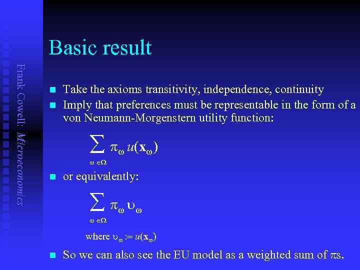 Basic result Frank Cowell: Microeconomics n n Take the axioms transitivity, independence, continuity Imply