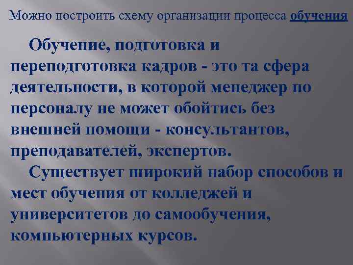 Можно построить схему организации процесса обучения Обучение, подготовка и переподготовка кадров - это та