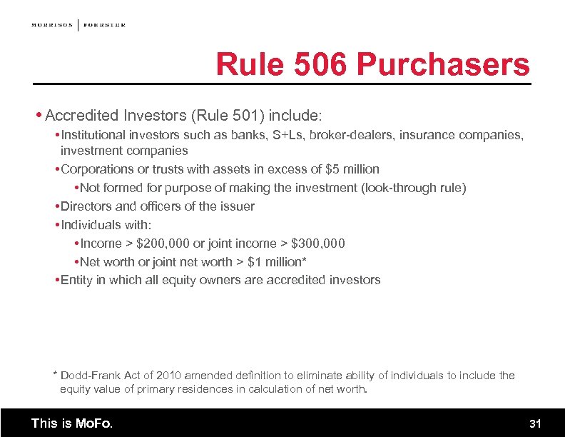 Rule 506 Purchasers Accredited Investors (Rule 501) include: Institutional investors such as banks, S+Ls,