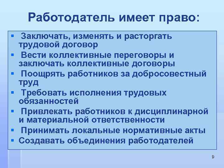 Работодатель имеет право: § Заключать, изменять и расторгать трудовой договор § Вести коллективные переговоры