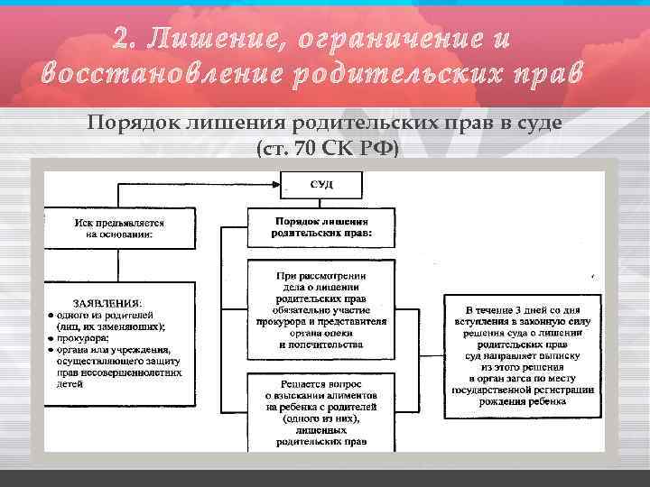 2. Лишение, ограничение и восстановление родительских прав Порядок лишения родительских прав в суде (ст.