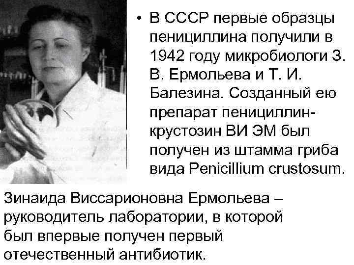  • В СССР первые образцы пенициллина получили в 1942 году микробиологи З. В.