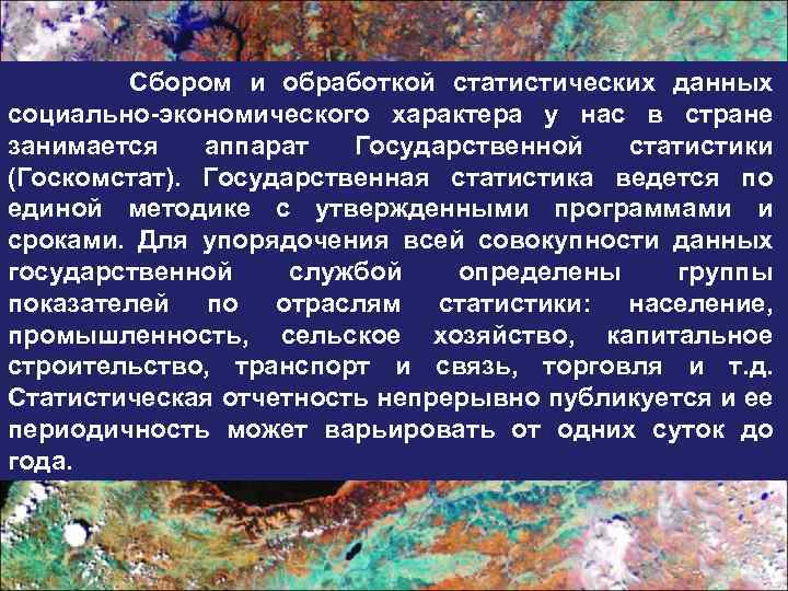 Сбором и обработкой статистических данных социально-экономического характера у нас в стране занимается аппарат Государственной