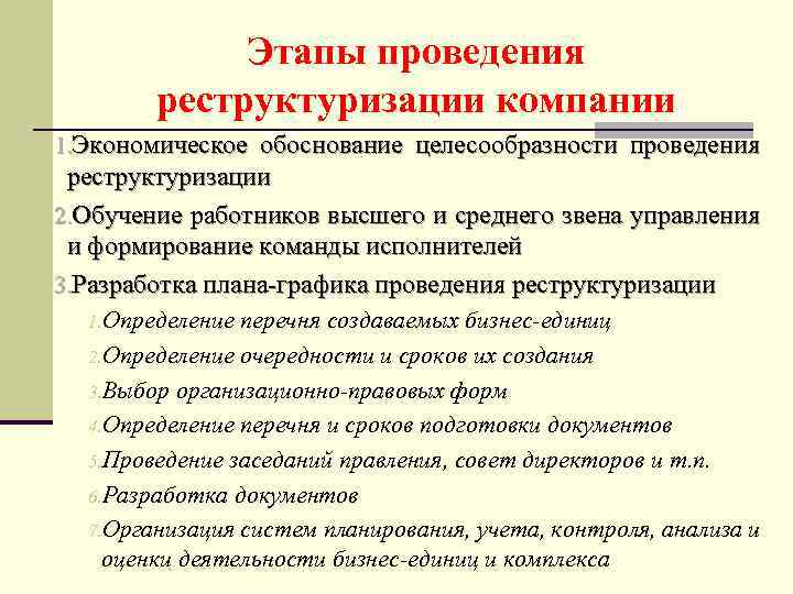 Этапы проведения реструктуризации компании 1. Экономическое обоснование целесообразности проведения реструктуризации 2. Обучение работников высшего