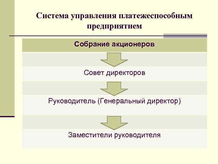 Система управления платежеспособным предприятием Собрание акционеров Совет директоров Руководитель (Генеральный директор) Заместители руководителя 