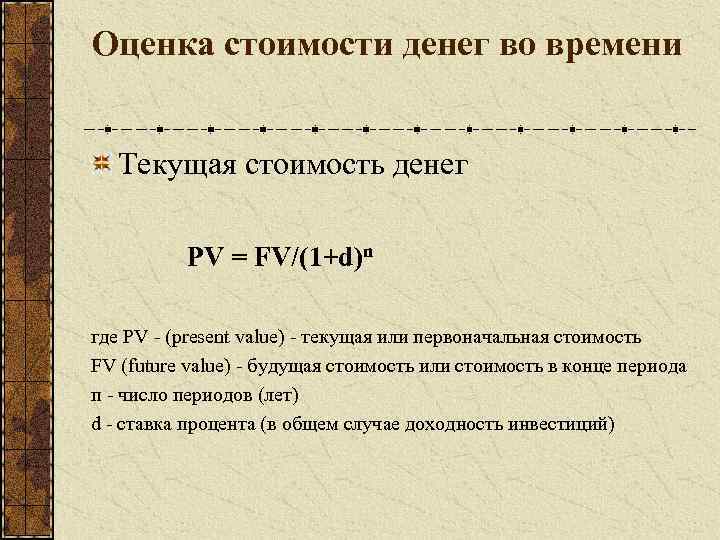 Оценка стоимости денег во времени Текущая стоимость денег PV = FV/(1+d)n где PV -