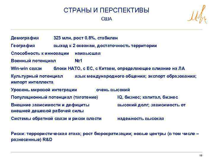 СТРАНЫ И ПЕРСПЕКТИВЫ США Демография 323 млн, рост 0. 8%, стабилен География выход к