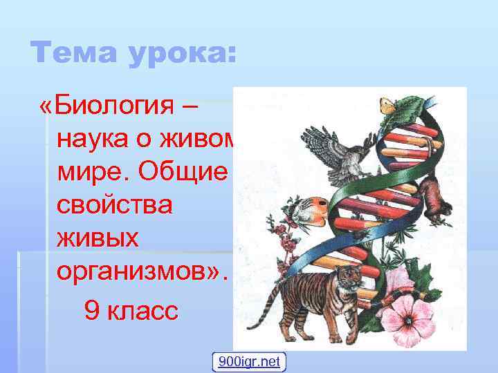 Тема урока: «Биология – наука о живом мире. Общие свойства живых организмов» . 9