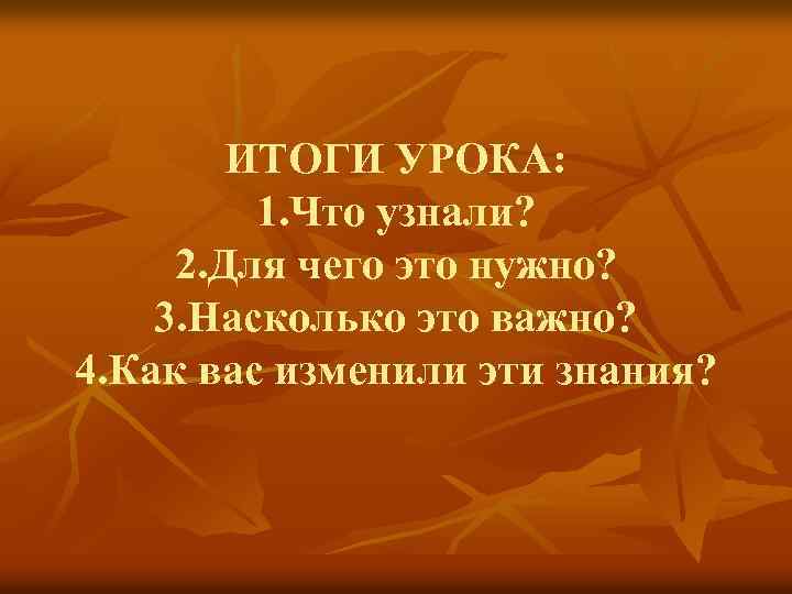 ИТОГИ УРОКА: 1. Что узнали? 2. Для чего это нужно? 3. Насколько это важно?