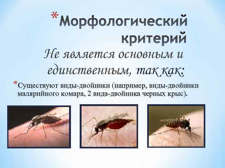 * Не является основным и единственным, так как: *Существуют виды-двойники (например, виды-двойники малярийного комара,