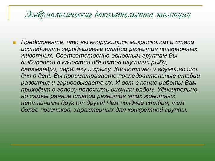 Эмбриологические доказательства эволюции n Представьте, что вы вооружились микроскопом и стали исследовать зародышевые стадии