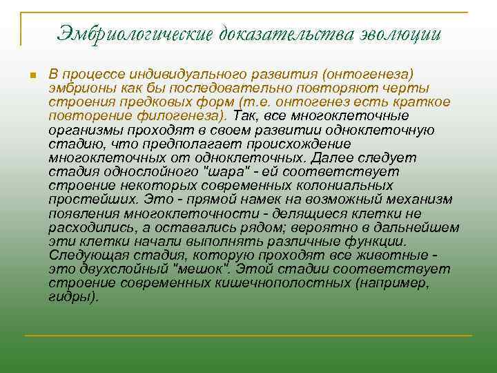 Эмбриологические доказательства эволюции n В процессе индивидуального развития (онтогенеза) эмбрионы как бы последовательно повторяют