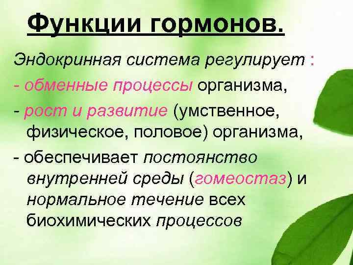 Функции гормонов. Эндокринная система регулирует : - обменные процессы организма, - рост и развитие