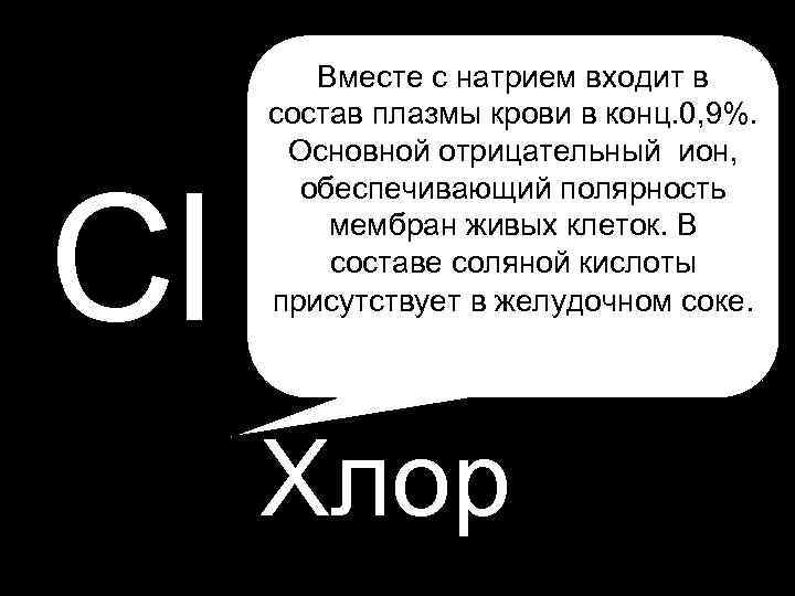  • P Cl Вместе с натрием входит в состав плазмы крови в конц.